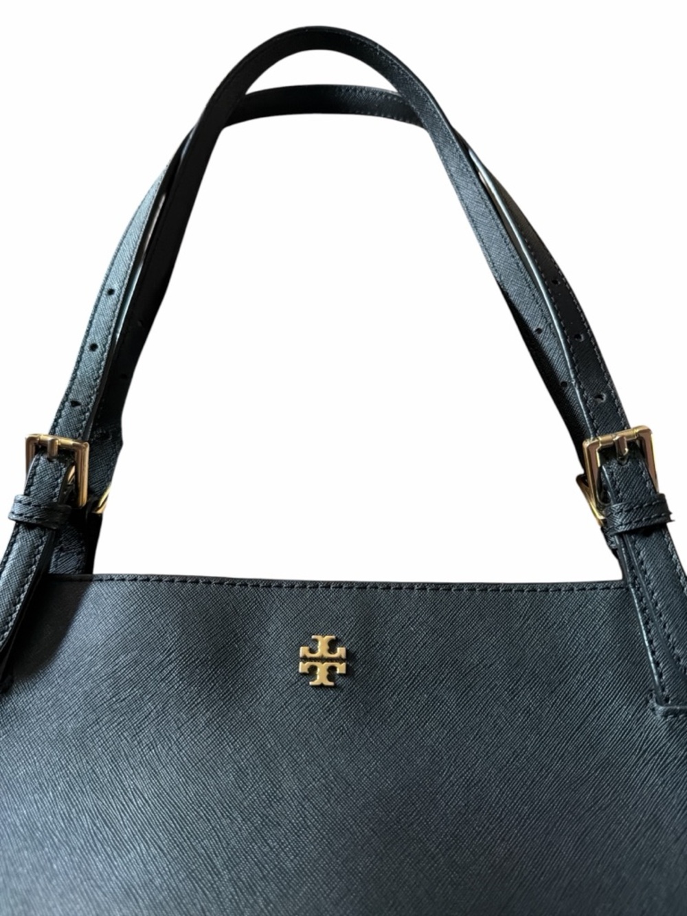 Tory Burch Black Leather Double-Handle Tote with Gold Logo - Picture 3 of 12